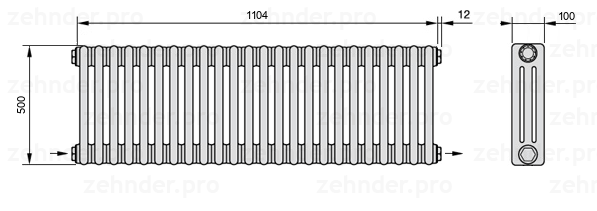 Схема (чертеж) Радиатор Zehnder Charleston 3050/24 №2670 Белый глянцевый RAL 9016